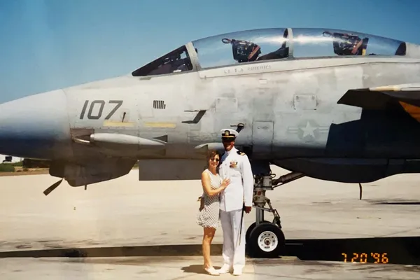 Paco in dress whites with his F-14 Tomcat (LT F.A. Chierici), 1996