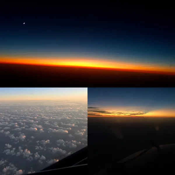 Sunset, moon, and clouds from the cockpit